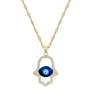 Gouden Hamsa Hand ketting met blauw boze oog hanger en zirkoon op witte achtergrond
