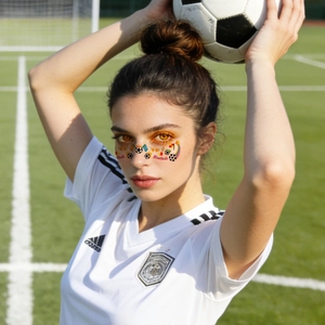 Gesichtsaufkleber für Fußballfans zur WM 2026 mit Motiven auf einem Modell im Stadion
