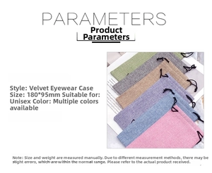 Detail of colorful suede drawstring pouches for sunglasses with size specifications