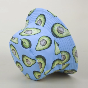 Detailed view of light blue bucket hat featuring avocado prints and reinforced brim stitching