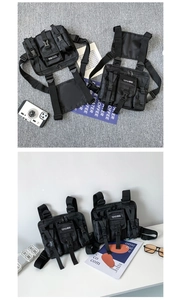 Detail view of black tactical chest bags featuring multi-pocket design and adjustable straps