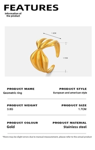 Detailed specs of the golden wave open ring showing 1.7cm height and 3.8g weight