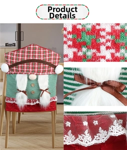 Close-up of Christmas gnome chair cover with knit fabric, lace trim and bow detail