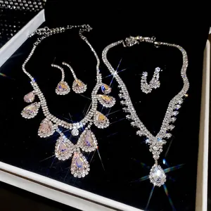 Luxury silver-plated drop pendant necklace set with crystal rhinestones in black velvet box