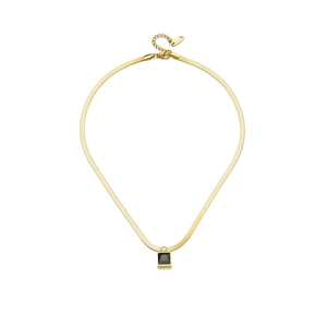 Gold flat snake chain necklace with square black gemstone and zircon fringe pendant