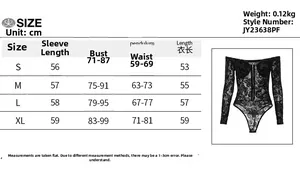 Detailed size chart for lace print slim fit bodysuit with measurements in cm