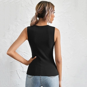 Slim fit black ribbed U-neck tank top with racerback design shown from a back view profile