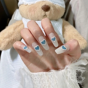 Long Coffin Press On Nails Blue Glitter Heart Faux Artificial Pearl Border Plastic Full Cover Artificial Fingernails For Women