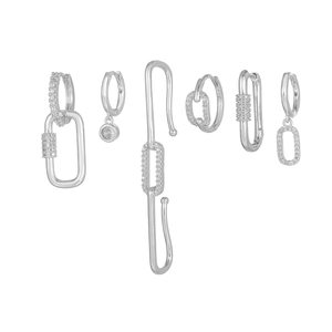 Detail of 6-piece silver earring set with cubic zirconia in modern geometric designs