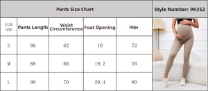 Size chart for high waisted maternity yoga pants with model wearing khaki leggings
