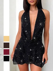 Halter Mini Dress Deep V Neck Backless Glitter Fabric Ruffle Hem Elegant Sexy Party Clubwear For Women