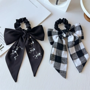 Satin Bow Hair Scrunchies With Long Streamers Skull And Checkered Pattern Ponytail Holder Fashion Hair Ties Women