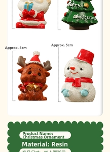 Detail of 5cm resin Christmas figurines featuring Santa, reindeer, snowman and tree