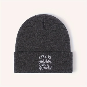 Dark grey knitted beanie featuring white Life is Golden with a doodle embroidery