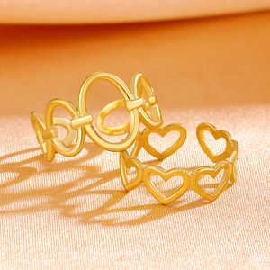 Irregular geometric gold chain and heart shape stainless steel open rings set for women