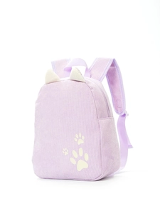 Detail view of purple corduroy kid backpack with cute cat ear design and paw prints