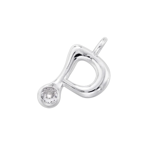 Detailed close-up of silver D letter pendant with round zircon on white background