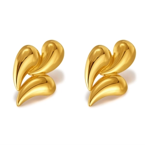 Polished gold stainless steel stud earrings featuring a triple leaf abstract design