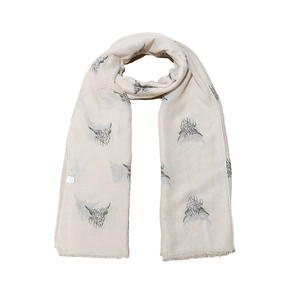 Winter scarf for women with highland cow print and frayed edges in cream white
