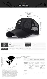 Size guide for breathable mesh baseball cap showing dimensions 55-60cm circumference