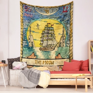Detail view of The Moon Tarot tapestry used as a bedroom wall hanging decor