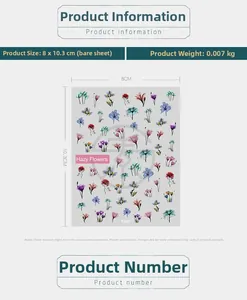 Detailed specs of KX021 5D floral nail sticker with Hazy Flowers pattern 8x10.3cm