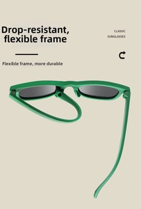 Detail showing the ultra-flexible green frame of the baby sunglasses being bent easily