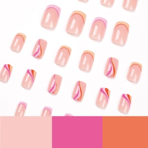 Faux ongles French et vagues abstraites orange et rose de forme carrée-ovale