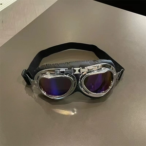 Detail of vintage pilot goggles with purple polarized lenses and silver metal frame