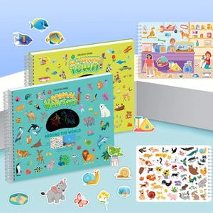 Detail of spiral-bound reusable sticker books with dinosaur and animal scenes for kids