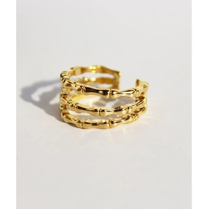 Modern gold three-layer bamboo style adjustable open ring for women with metallic luster