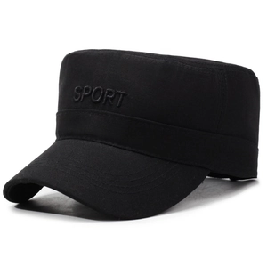 Classic black cotton flat top military cap featuring 3D Sport embroidery in a 45-degree view