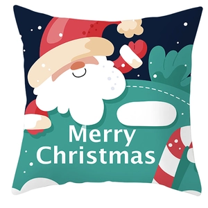 Cartoon Santa Claus pillow cover with Merry Christmas text on navy blue starry background