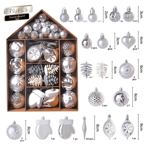 Detailed set of 70 silver and white Christmas ornaments including balls, cones and hearts