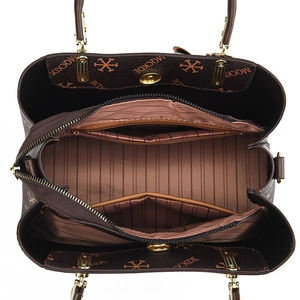 Brown vintage printed handbag with MOCKDE monogram and golden hardware, top view display