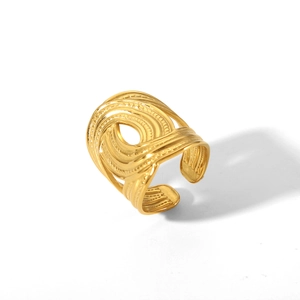Detailed view of golden stainless steel open ring with layered vortex texture design