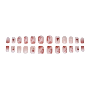 Sweet pink marble press-on nails with red rose patterns and silver line accents