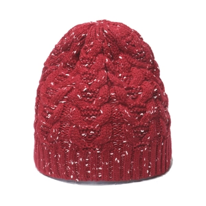 Winter knitted beanie in red mixed yarn with white speckled pattern on white background