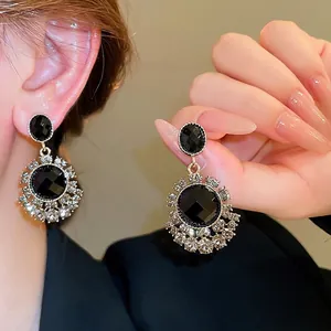 Vintage Dangle Earrings Alloy Rhinestone With 925 Sterling Silver Earring Post Black Gold Retro Luxury Flower For Women