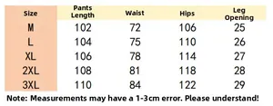 Detailed size chart for men's multi-pocket cargo pants with waist and length measurements