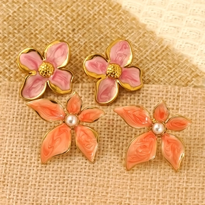 Exquisite flower stud earrings with pink enamel and coral orange petals with pearl centers