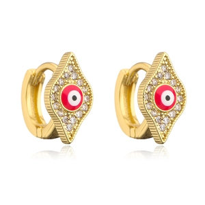 Gold plated evil eye hoop earrings with colorful zircon stones on white background
