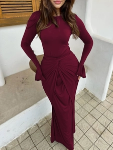 Robe Maxi Femme Manches Longues Col Rond Coupe Ajustée Taille Nouée Poignets Volants Robe Soirée Élégante