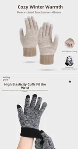 Detail of fleece lining and touchscreen tips on thick thermal knit winter gloves