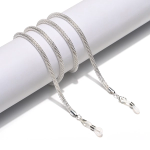 Close-up of flexible silver braided mesh eyewear chain with anti-slip silicone loops
