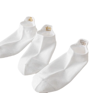 Three pairs of white breathable mesh socks with gold crown and bee embroidery details