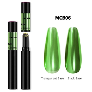 Macro detail of metallic grass green chrome nail powder pen with dual base effect