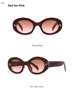 Front and side view of marble pattern oval sunglasses with red tan pink gradient lenses