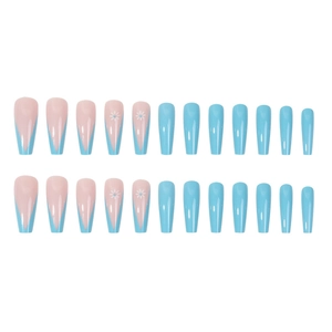 Sky blue long ballerina press-on nails with white daisy prints and French V-cut design