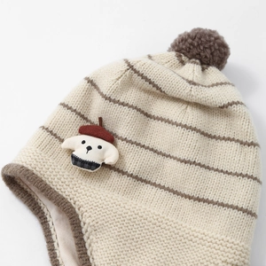 Winter striped knit hat for kids with pompom and cute puppy patch in beige
